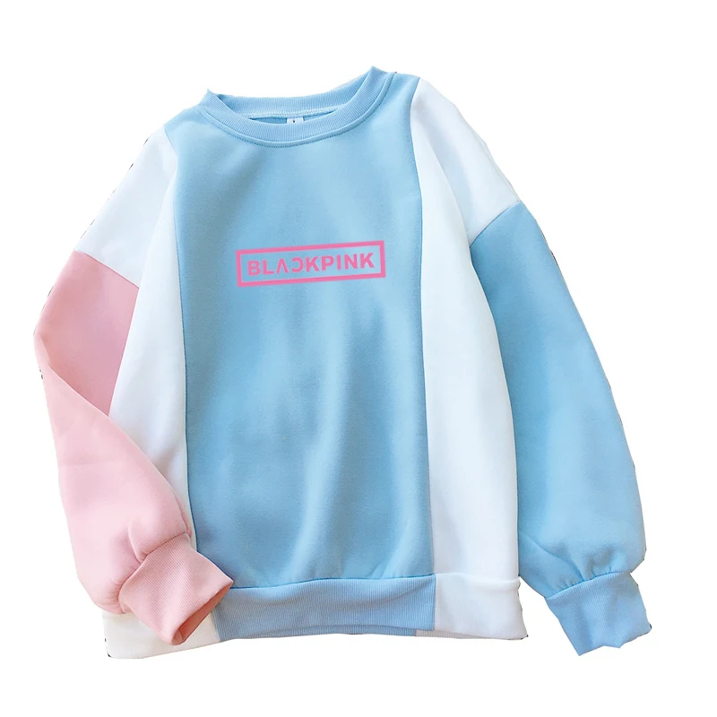 

Kpop Autumn New Fashion Colorblock Patchwork Hoodies Women Fleece BLACK PINK Letter Printed Sweatshirts Harajuku Streetwear Tops
