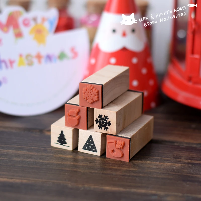 Christmas Decoration Wood Stamp Handmade DIY Ink Pad Rubber Stamp Set Wooden Stamps for
