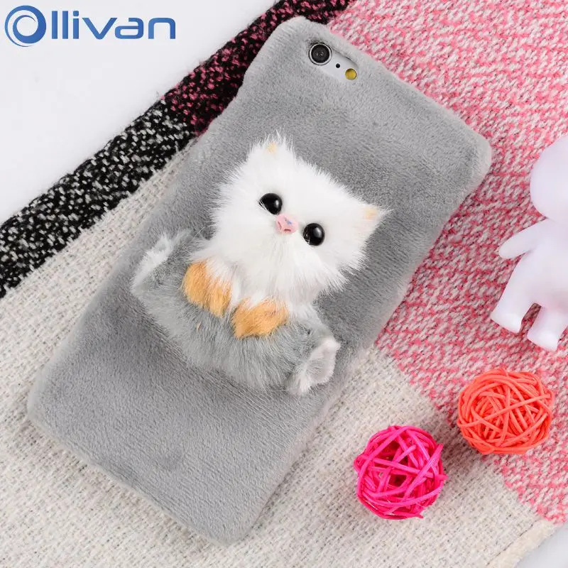 Ollivan cute Warm Plush Cat phone case for iphone 6 6s 7 8 plus x