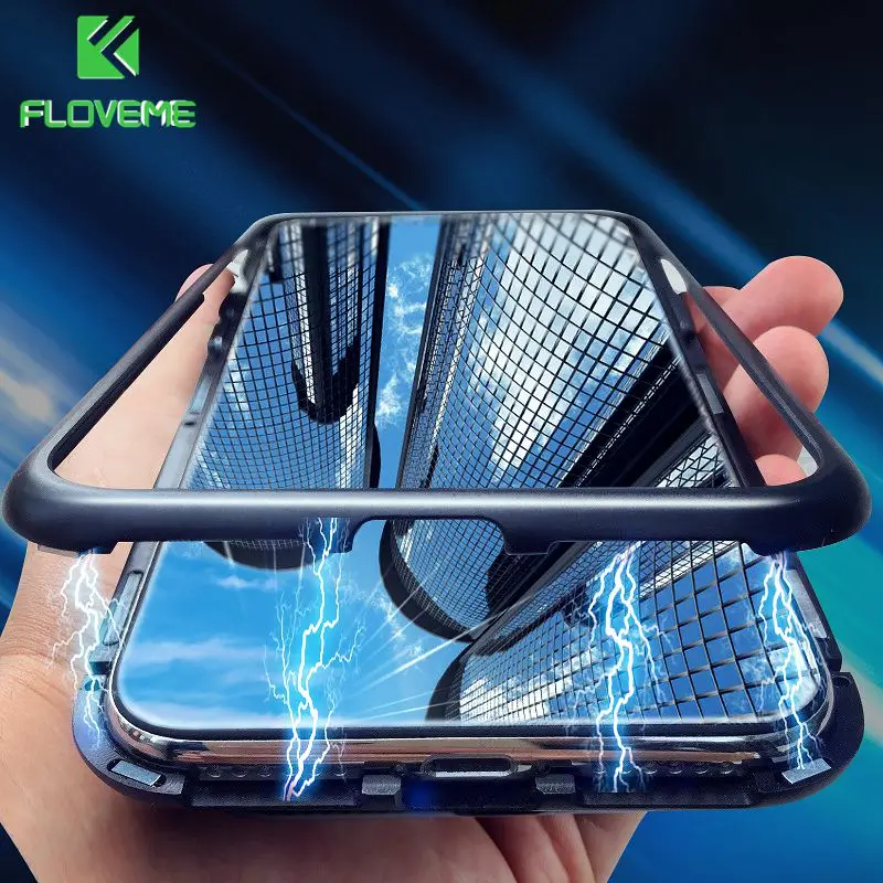 

FLOVEME Magnetic Adsorption Tempered Glass Phone Case For iPhone X 10 7 Metal Magnet Cases For iPhone 8 7 Plus XS Max XR Cover