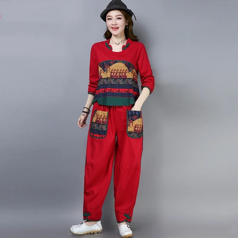 Женский этнический винтажный костюм Hanfu Брюки с карманами и топ комплект из двух