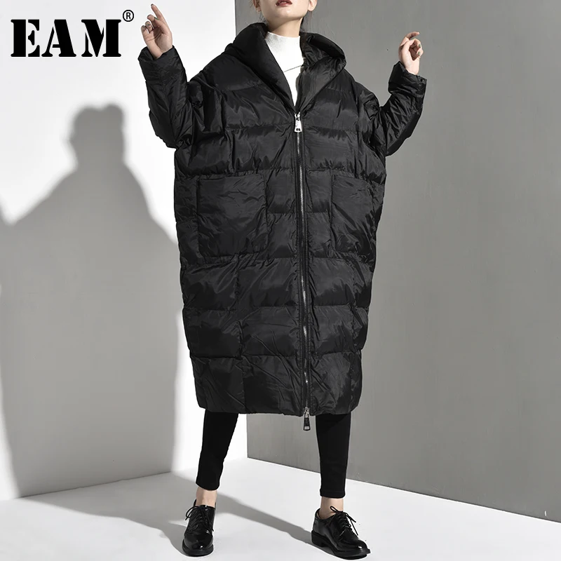

[EAM] 2019 New Autumn Winter Hooded Long Sleeve Black Thick Big Size Long Warm Cotton-padded Jacket Women Parkas Fashion JD1210
