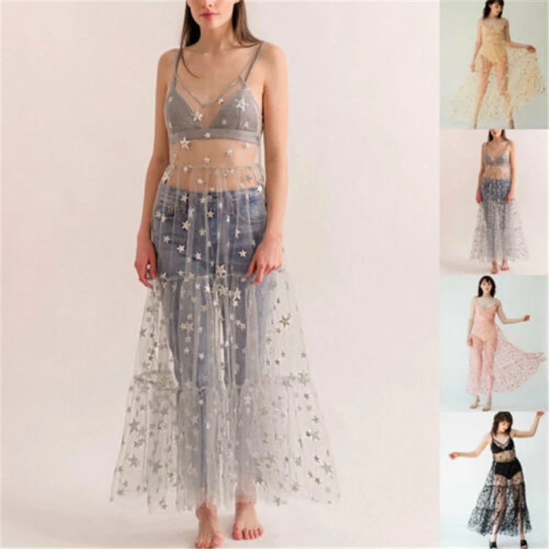

2019 Summer Women's Spaghetti Straps Tulle Long Women Dresses Fashion Bling Sparkely See Through Mesh Dress