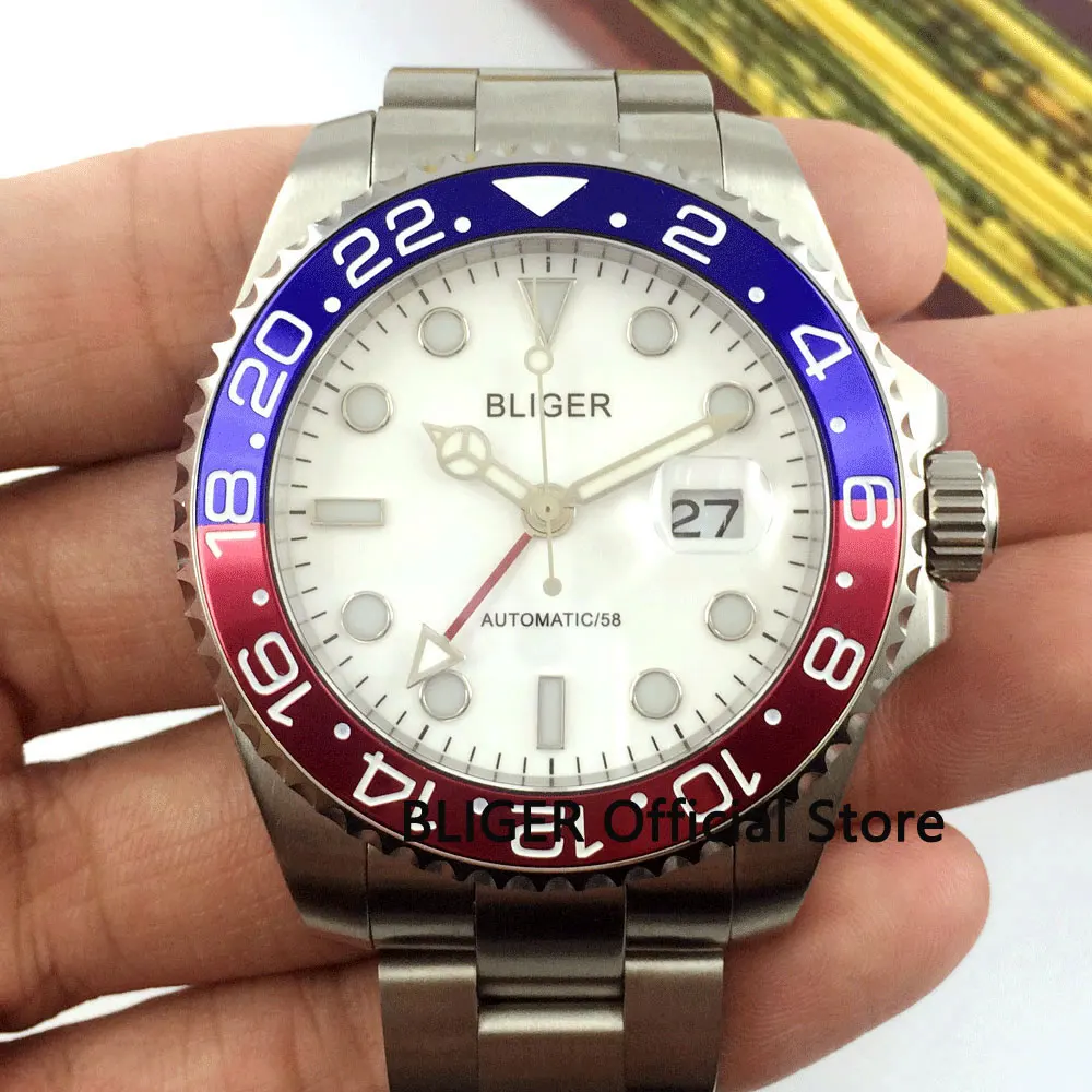 

Sapphire Crystal 40mm BLIGER White Dial Luminous Marks GMT Function Blue Red Alloy Rotating Bezel Automatic Movement Men's Watch