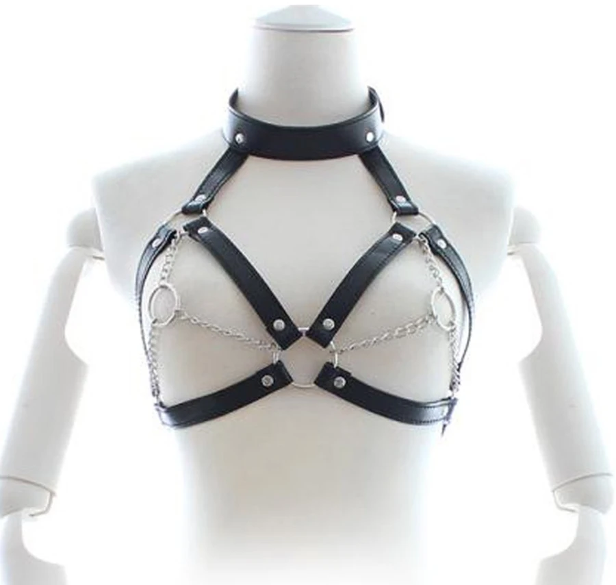 Womens PU Leather Body Chest Harness Bra Cage Dress Bondage Belt Choker Chain