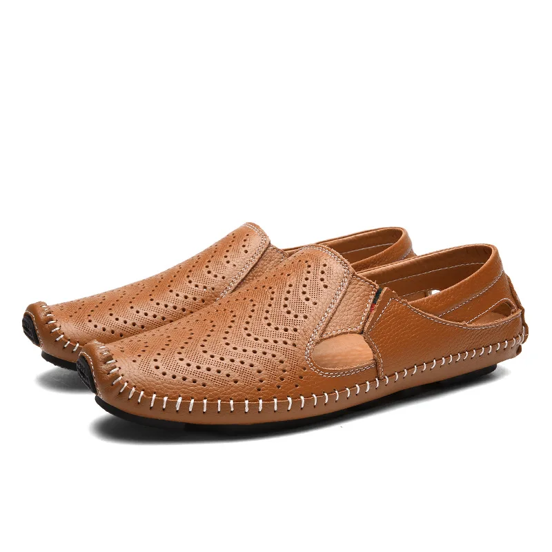 

Handmade Cow Leather Loafers New 2018 Fashion Summer Beach Hollow Casual Driving Shoes Men's Flats Men Genuine Leather Shoes