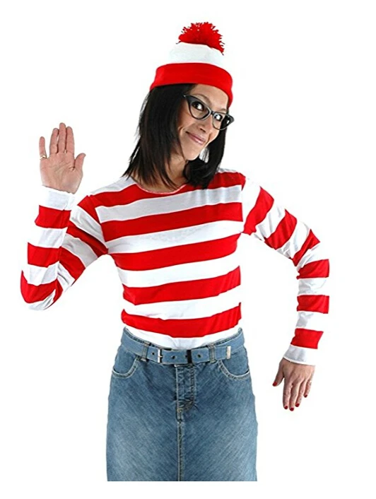 Where/'s Wally Waldo Now Red/&/&White Cosplay Costume Shirt Sweater+Hat+Glasses