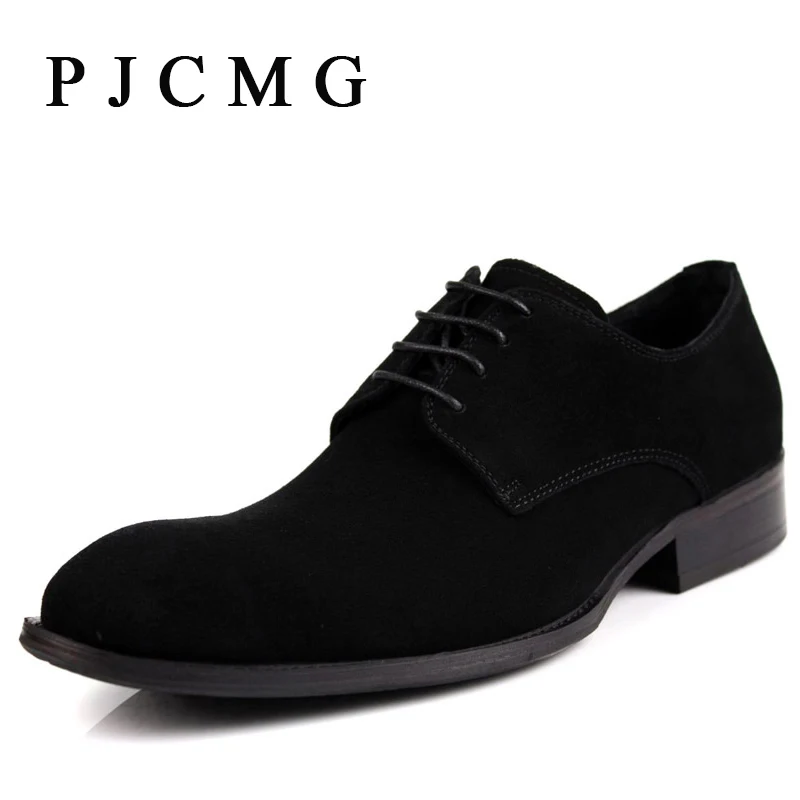 PJCMG New Men's Commercial Pointed Toe Genuine Lace-Up Nubuck Leather Casual Flat Patent Leather Oxford Men Shoes