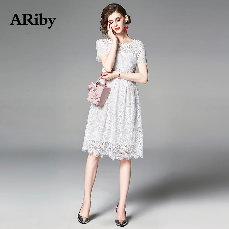 

ARiby Women Lace Elegant Dress 2019 Summer Office Lady Temperament White Lace Hollow Slim Short Sleeve Knee-Length A-Line Dress