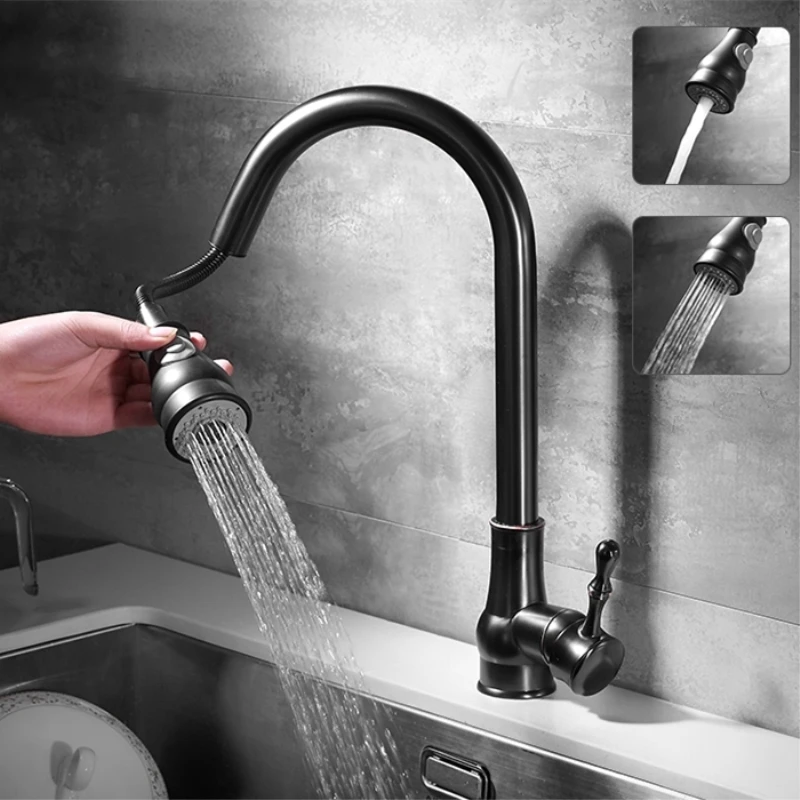 Kitchen Faucets Black Single Handle Pull Out Kitchen Tap Single Hole Handle Swivel 360 Degree Brass Sink Water Mixer Tap 