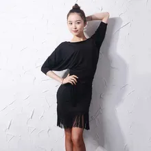 Платье для латинских танцев, черные платья с бахромой, рукав «летучая мышь», для взрослых, для занятий танцами, женская одежда для ча-румбы самбы, Одежда для танцев DNV11145