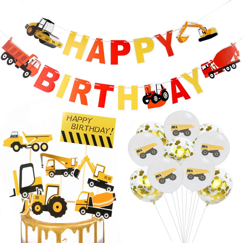 Construction Vehicle Happy Birthday Banner Farm Engineering Vehicles Theme Birthday Party Decoration Banner with Excavator Bulldozer Truck