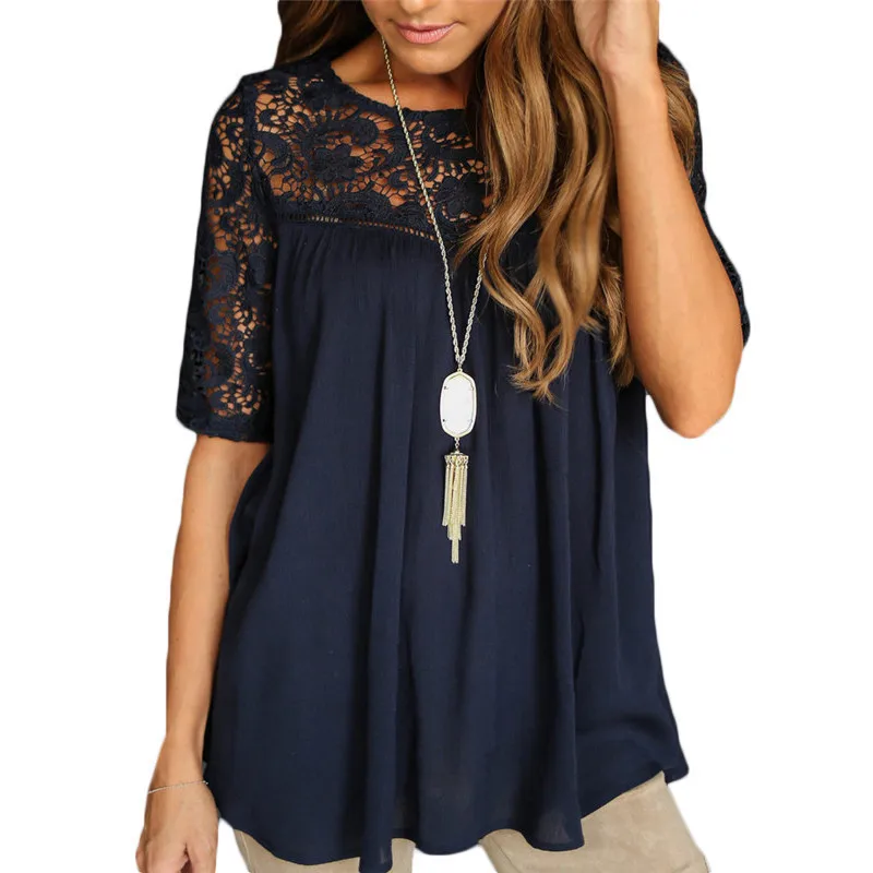 

Plus Size Pregnant Blouses 2018 Summer Casual Women Lace Chiffon Splice Shirts Loose Short Sleeve Solid Tops Pregnancy Clothes