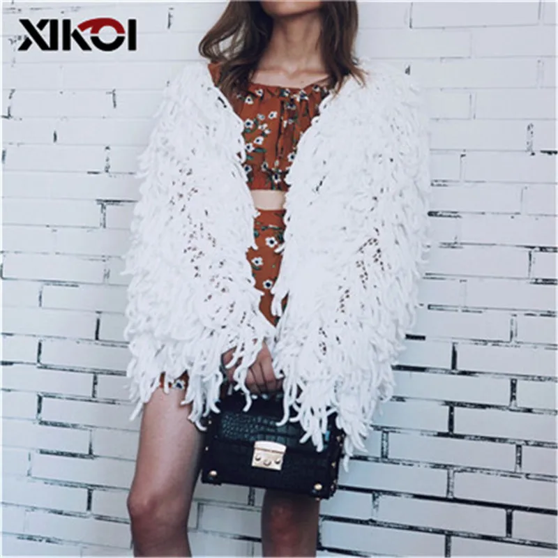 XIKOI Chic Warm knitting shaggy white cardigan Women sweater soft black female jacket coat Autumn winter hairy faux fur coat