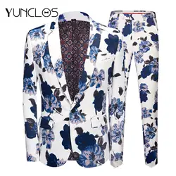 YUNCLOS 2019 с цветочным принтом для мужчин Slim Fit костюмы 2 шт. куртка и брюки Свадебная вечеринка одна кнопка однобортный