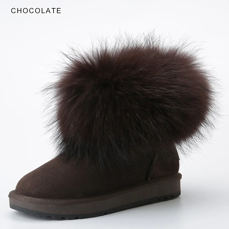 INOE/Модные женские зимние ботинки из коровьей замши с лисьим мехом; короткие зимние ботинки; Теплая обувь; Цвет черный, коричневый - Цвет: Chocolate