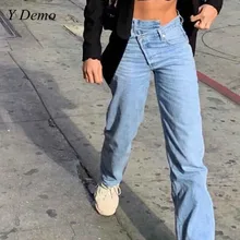 Винтажные Свободные женские джинсы 90 s, асимметричные Прямые повседневные женские джинсовые штаны с высокой талией, модные брюки