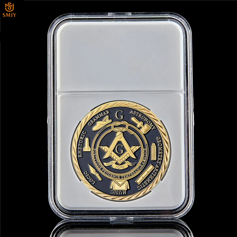 Freemason Masonic Brothers организации юбилей логотип позолоченный металлический значок памятные монеты W/Lucky Box