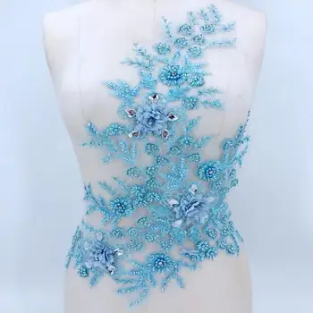 

Blue bead Rhinestone Stereo lace applique DIY wedding dress applique lace accessories RS140