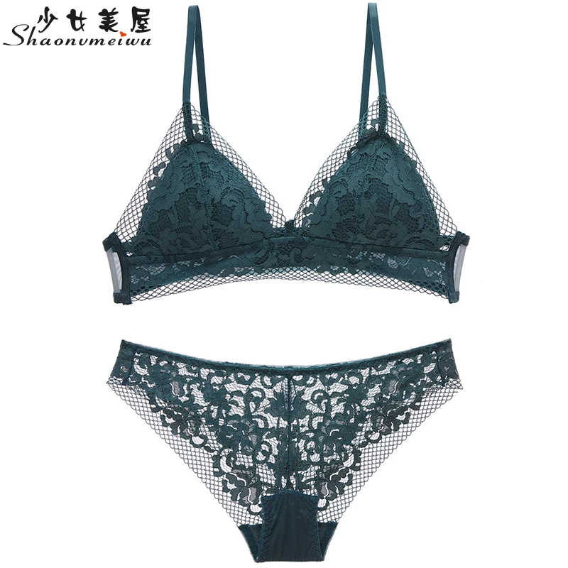  shaonvmeiwu Sexy lace triangle cup without steel rim popular green thin women's small bra set bra