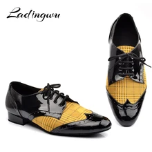 Ladingwu/Мужская обувь для танцев на низком каблуке; обувь для латинских танцев; Мужская обувь для сальсы, танго, бальных танцев; искусственная кожа и фланель; цвет желтый, синий