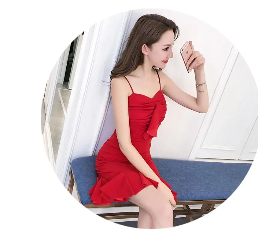 New 2018 Summer  Red Slim Dress  Women Formal Party Dress Women Sling  Sexy Bodycon Ruffles Fishtail Dress Free shipping