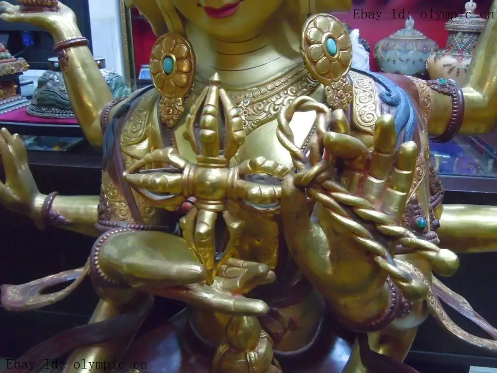 40 "Китай позолоченная бронза finely 3 face 8 arm MAHAPRATISARA скульптура Будды статуя сад бронза медь украшение настоящая латунь