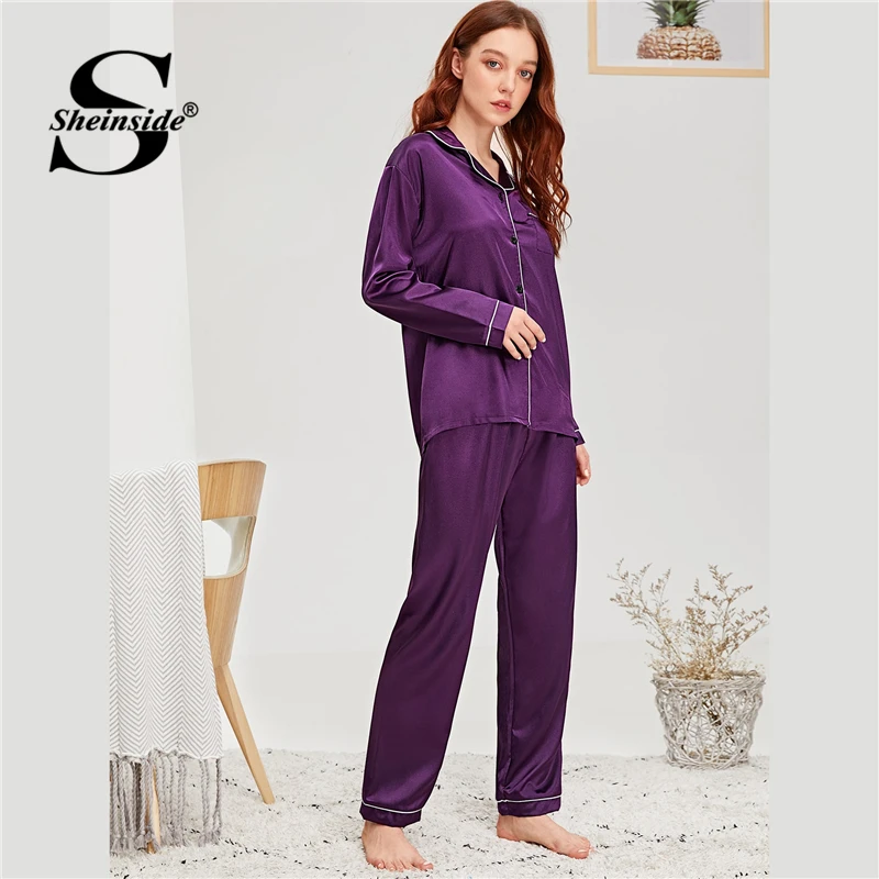 Sheinside фиолетовый контрастный бинт атласная пижама Femme кнопка карман спереди пижамы элегантный пижамный комплект для женщин однотонное ночное белье