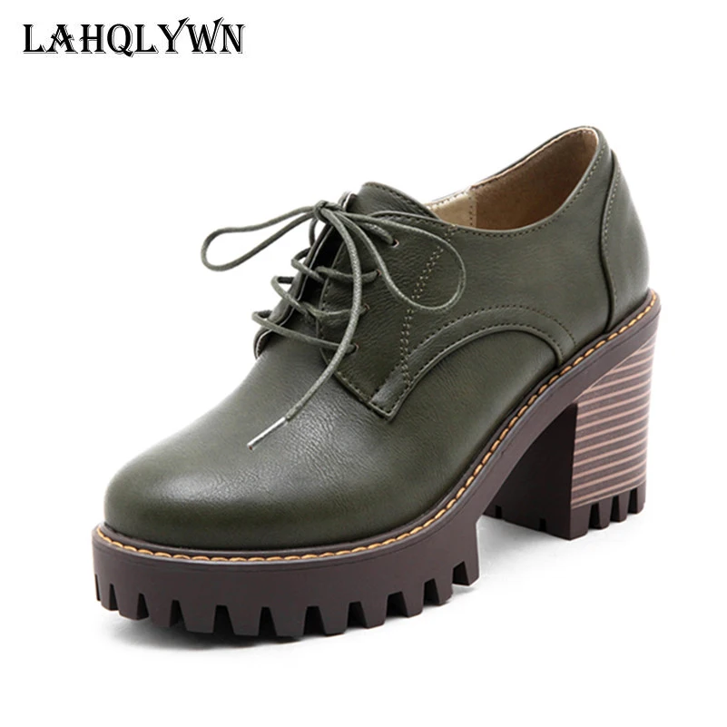 

Plus size 34-43 Spring Women high heel 8 cm Shoes Woman Brogue Leather Lace Up Footwear Female Oxford Shoes For Women P31