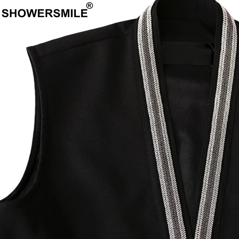 SHOWERSMILE Elegant Vest For Women Black Ruffle Waistcoat Lady Lace Up Office Slim Fit Sleeveless Jackets Female Autumn Clothing