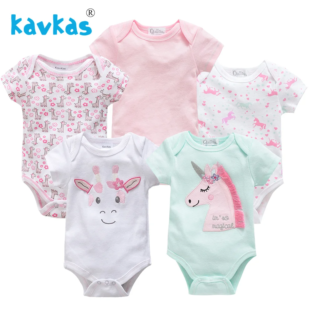 

Kavkas 5Pcs Newborn Baby Girl Jumpsuits Infant Boy Romper Cute Cartoon Outfits Clothes 100% Cotton Short Sleeve Jumpsuits Set