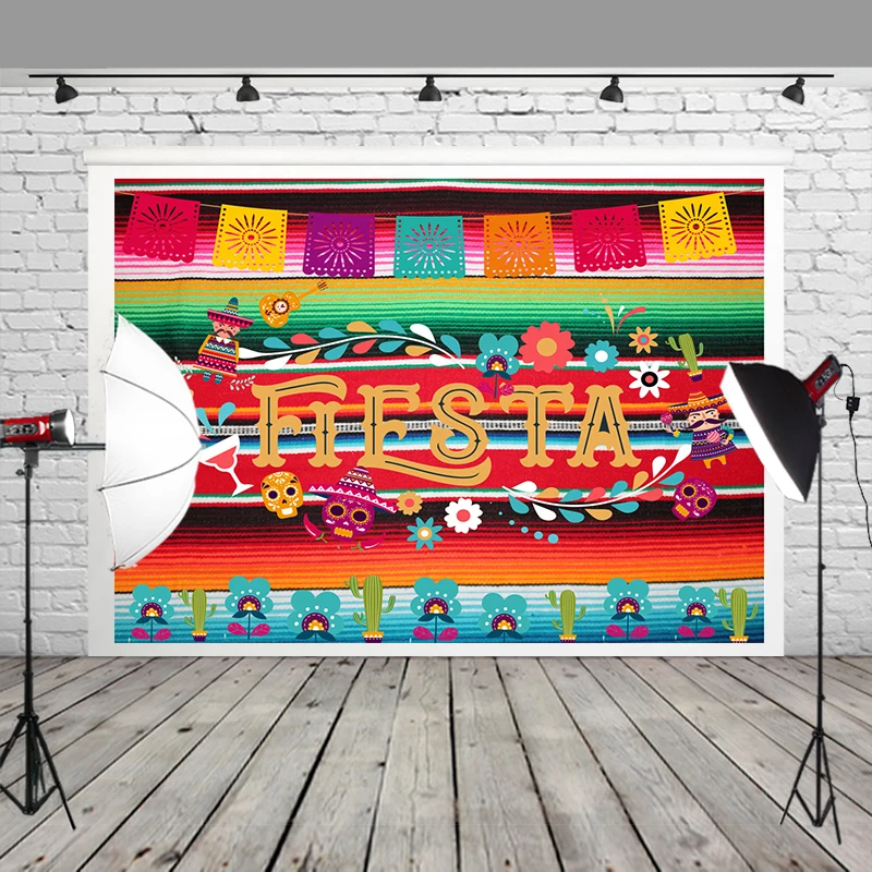 

HUAYI Mexican Fiesta Theme Photography Backdrop Coloful Flags Flowers Banner Dress up Cake Table Decoration Backgrounds W-928
