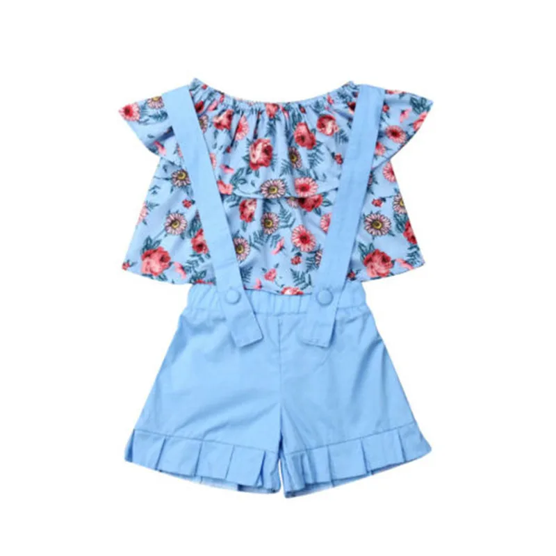 

2PCS Toddler Kids Baby Girl Clothes Floral Off-Shoulder Slash Neck Tops+Solid Color Bib Shorts Outfit Summer 1-5years old