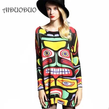 Hot Sale Women’s Winter Autumn Loose Dress Long Sleeve Round Neck Vintage Print Casual Sweater Dresses Plus Size XXL 3XL 4XL 5XL