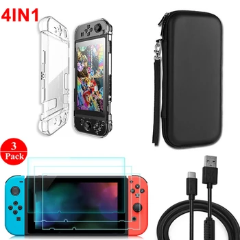 

4-IN-1 Game Accessories for Nintend Switch Case Bag+Shell Cover+Charging Cable+Tempered Glass Screen Film