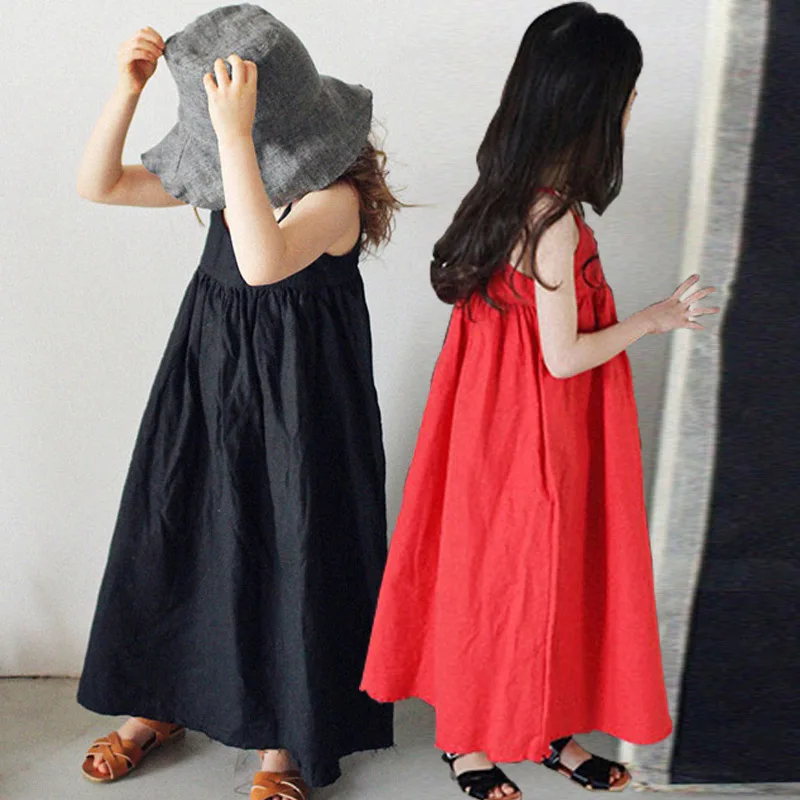 Детское платье на бретельках из хлопка и льна праздничное для девочек Пляжное