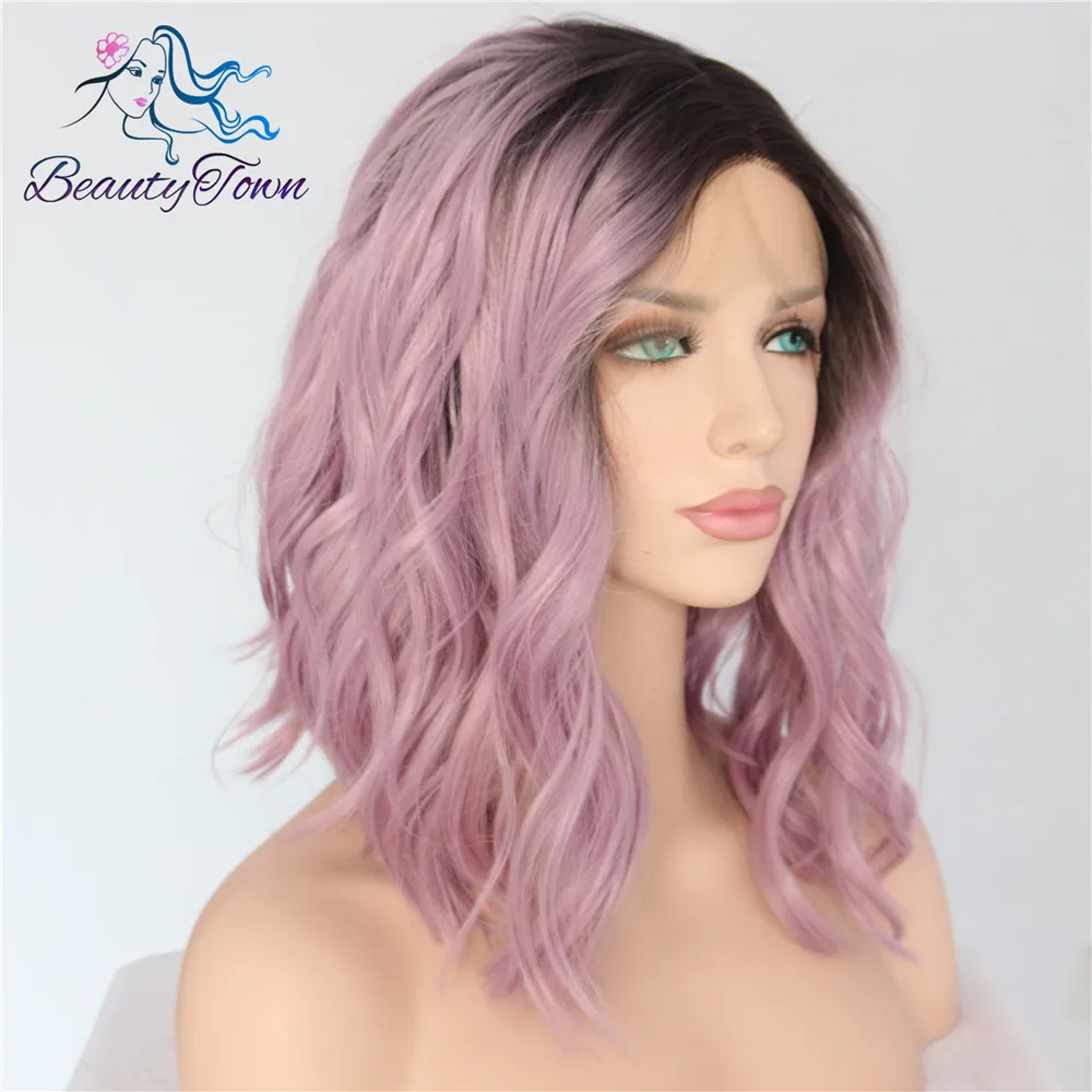 BeautyTown черный Ombre Розовый Короткие термостойкие волосы аниме косплей блогер Повседневный макияж Синтетический кружевной передний Свадебный парик