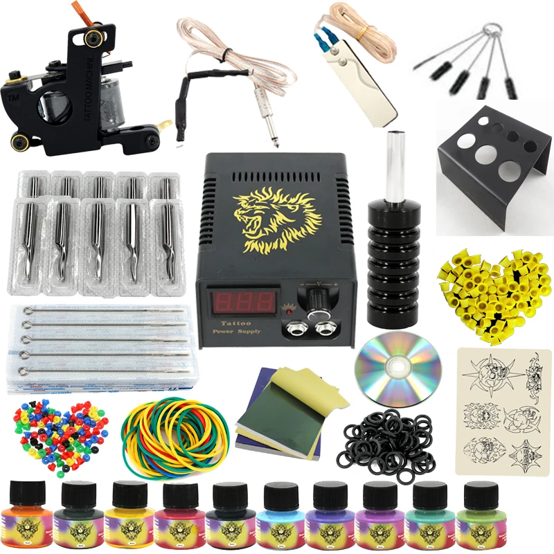 Complete profession Tattoo kits 10 wrap coils 1 guns machine 10 tattoo ink sets power supply disposable needle clip cord tattoo kit completed tattoo kits 8 wrap coils guns machine 4 color tattoo ink sets power supply disposable needle