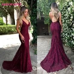 2021 Dark Red Cut Away Side Backless Sexy Prom Dress Spaghetti Straps Lace V neck Mermaid Bridesmaid Dresses For Party Vestidos