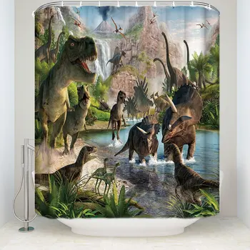 

WARMTOUR Shower Curtain 3D Ancient Dinosaur World Waterproof Shower Curtain Bathroom Decor Sets with Hooks
