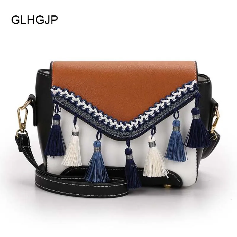 

GLHGJP National Women Shoulder Bag Panelled Cover Female Messenger Bag Tassel Patchwork Ladies Crossbody Handbag Bolsa Feminina