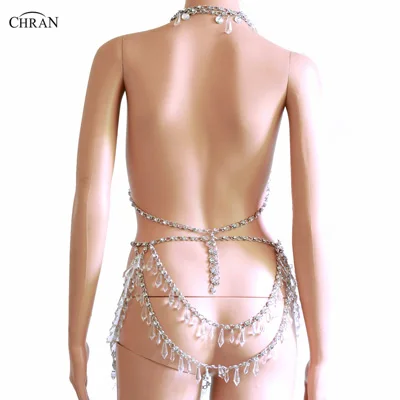 Crystal Beading Disco Exotic Tanks Crop Top Chain Sexy Mini Skirt Bodysuits Rave Bra Festival Fashion Wear Party Jewelry CRS621 bodysuit top