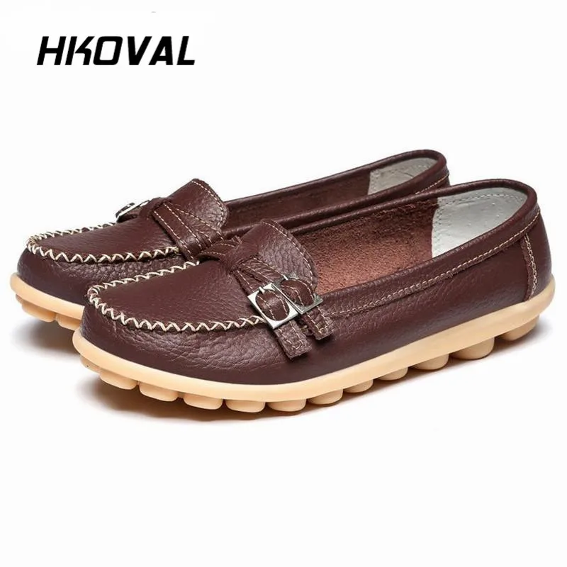 

HKOVAL Women Shoes Sneakers Genuine Leather Loafers Moccasins Female Flats Casual Women Buckle Boat Shoe Plush