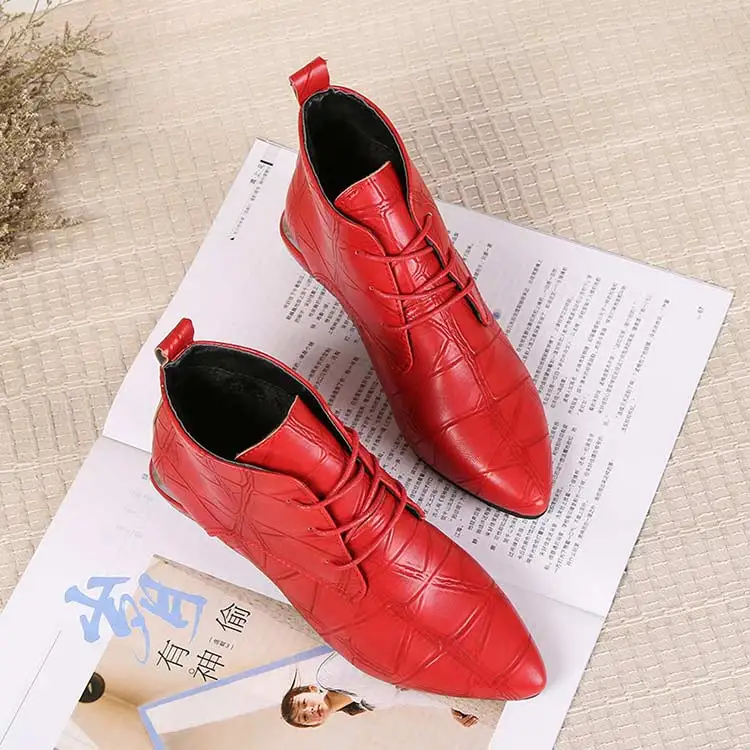 Shoes women boots 2019 fashion solid lace-up PU leather ankle boots women shoes square heel boots women sneakers casual shoes (4)
