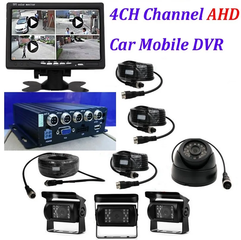 

4CH Channel AHD Car Mobile DVR SD Realtime Video Recorder + 7" LCD Screen Set For Auto Truck Bus Vehicle+ 4 AHD Camera DVR