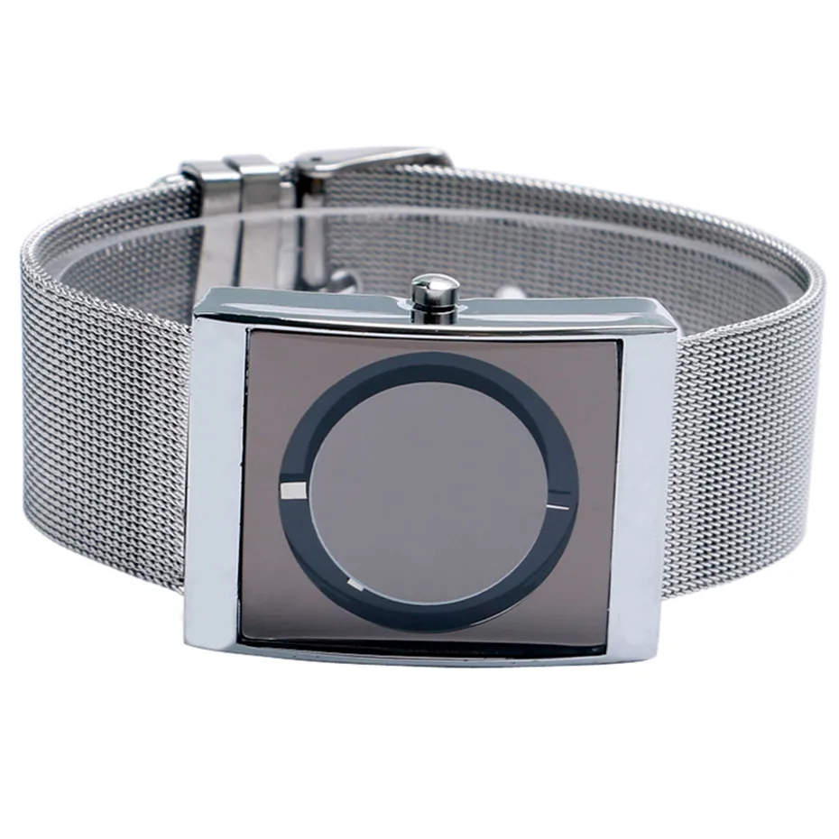YISUYA Creative Simple Wrist Watch Men Quartz Watch Male Boy Turntable Rectangle Dial Sport Watches Silver Stainless Steel Mesh Band Hour Clock (4)