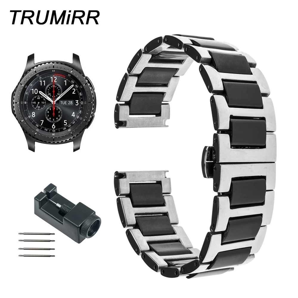Acheter 22mm En Céramique + Acier Inoxydable Montre Bande avec Lien Remover pour Samsung Vitesse S3 Classique Frontière Papillon Boucle Sangle bracelet