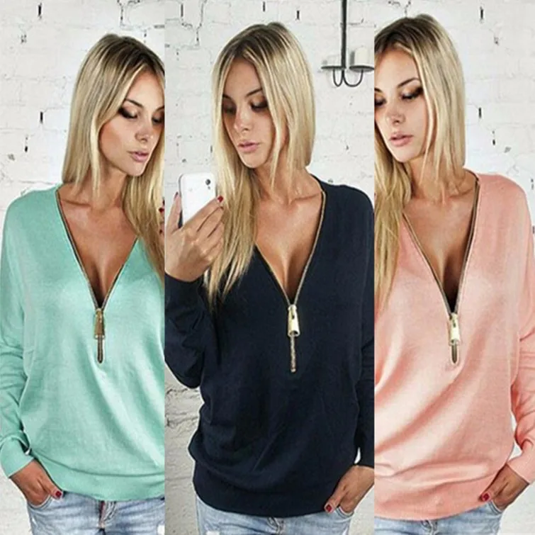 

Sexy deep v zip top bat sleeve long sleeve t-shirt