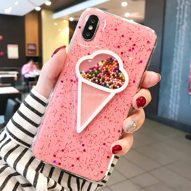 

KAVA ice cream Anti-fall Phone Cover Case For iPhone 6 6S 7 8 Plus X 7Plus 8plus Cute quicksand Transparent TPU Back cases coque