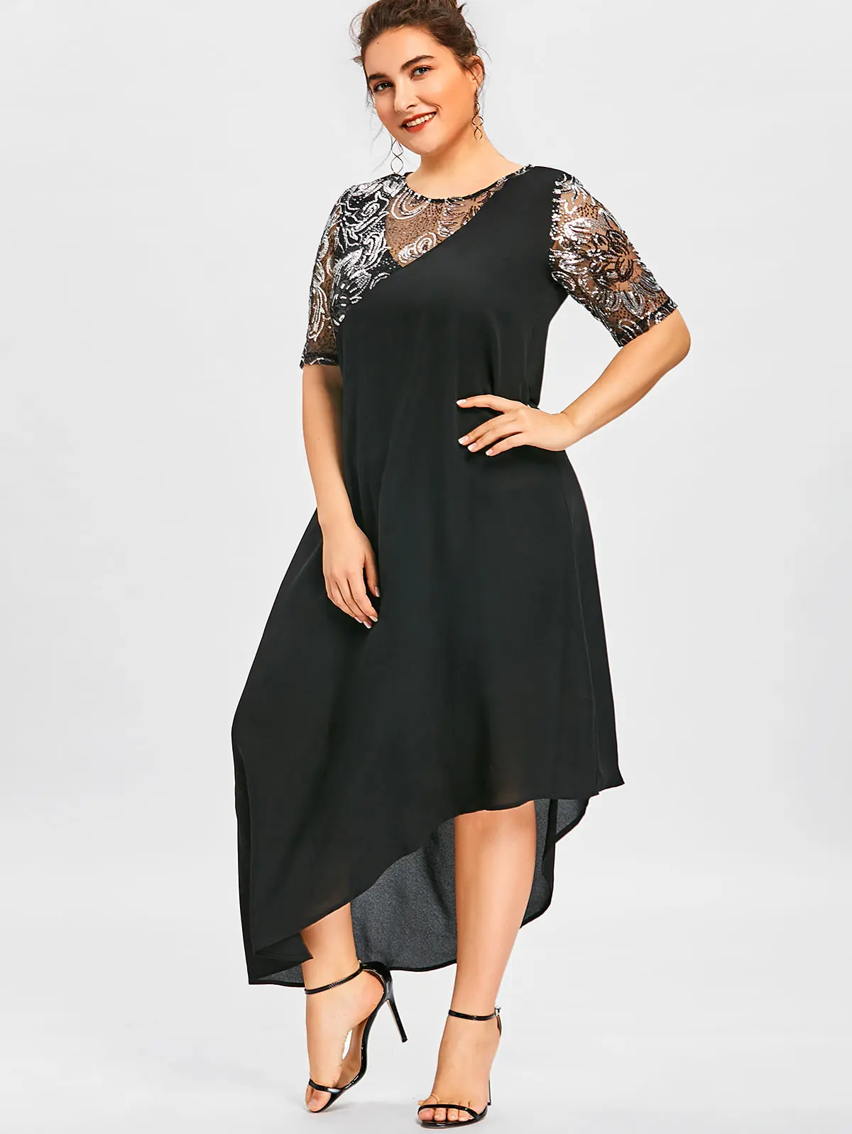Wipalo Женское ассиметричное вечернее коктельное платье макси большого размера с паетками, элегантное летнее черное платье 5XL, платье с коротким рукавом